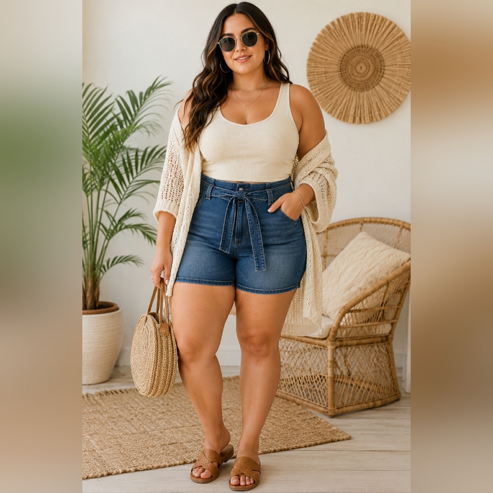 Lane Bryant Womens Plus Size Belted Paperbag Waist Girlfriend Denim Jean Shorts